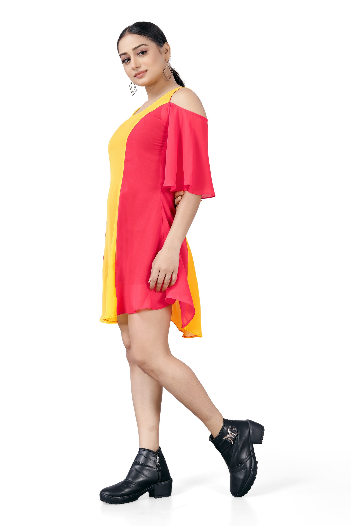 Bold Colorblock Cold-Shoulder Dress