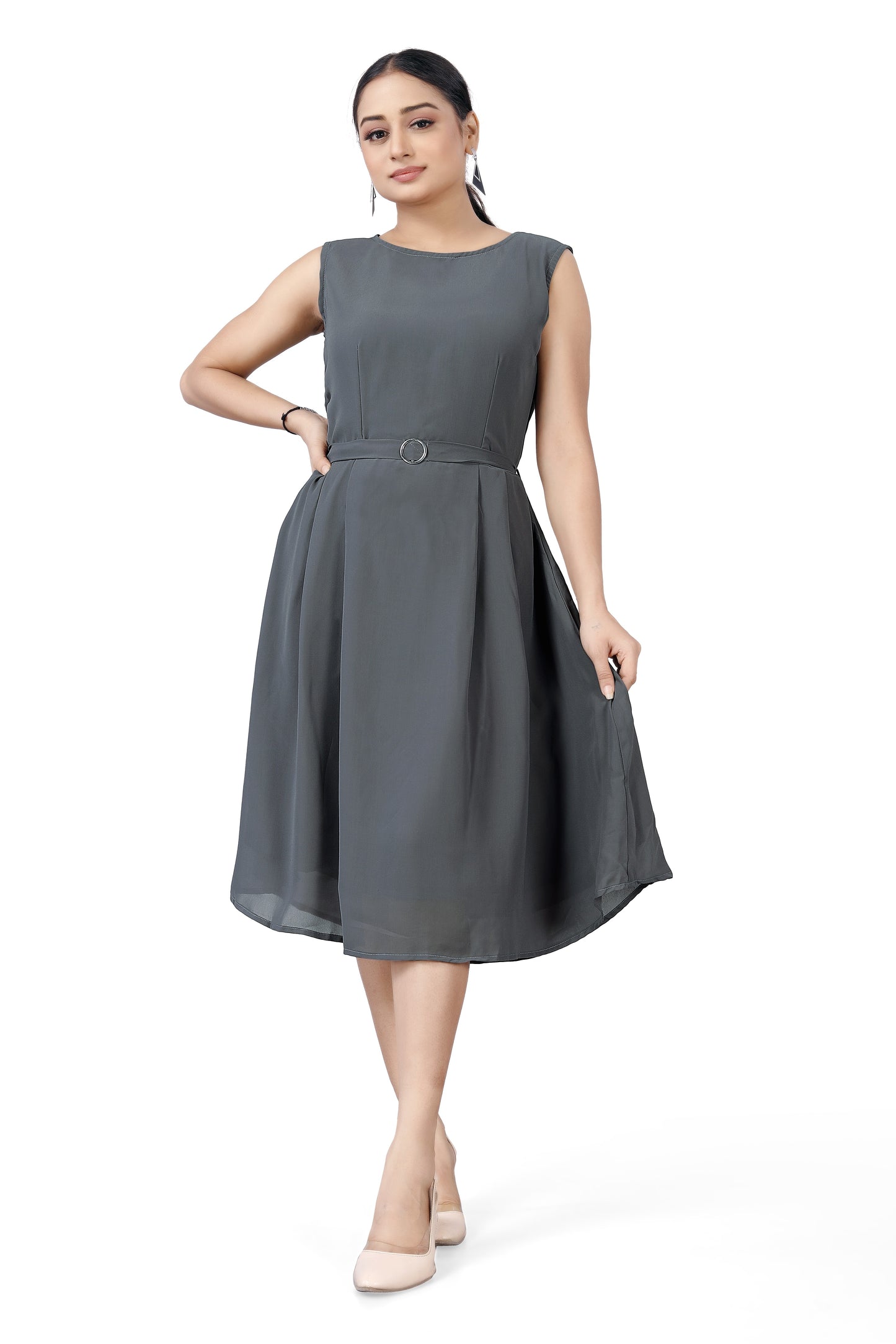 Slate Grey Flair Belted Dress