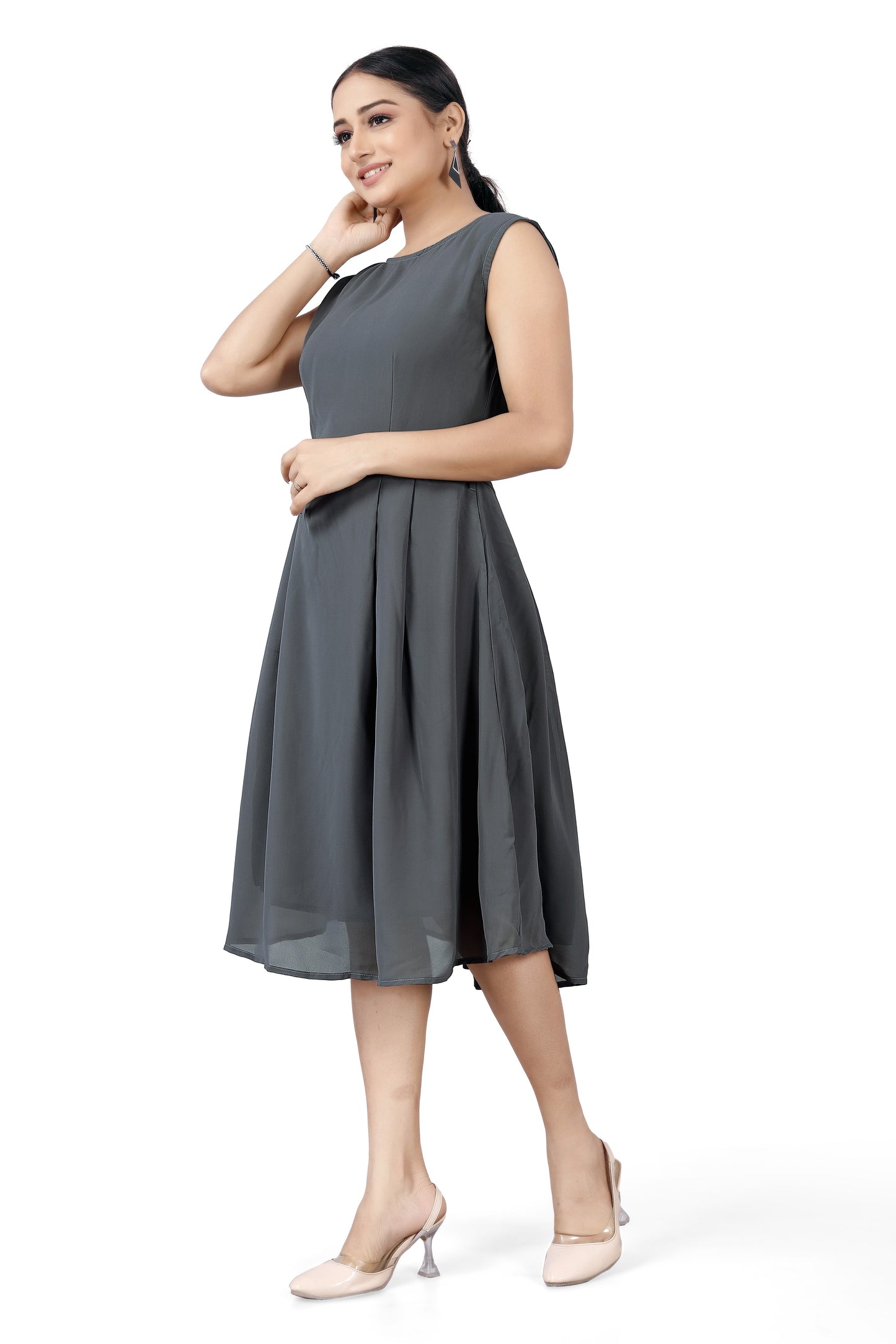 Slate Grey Flair Belted Dress