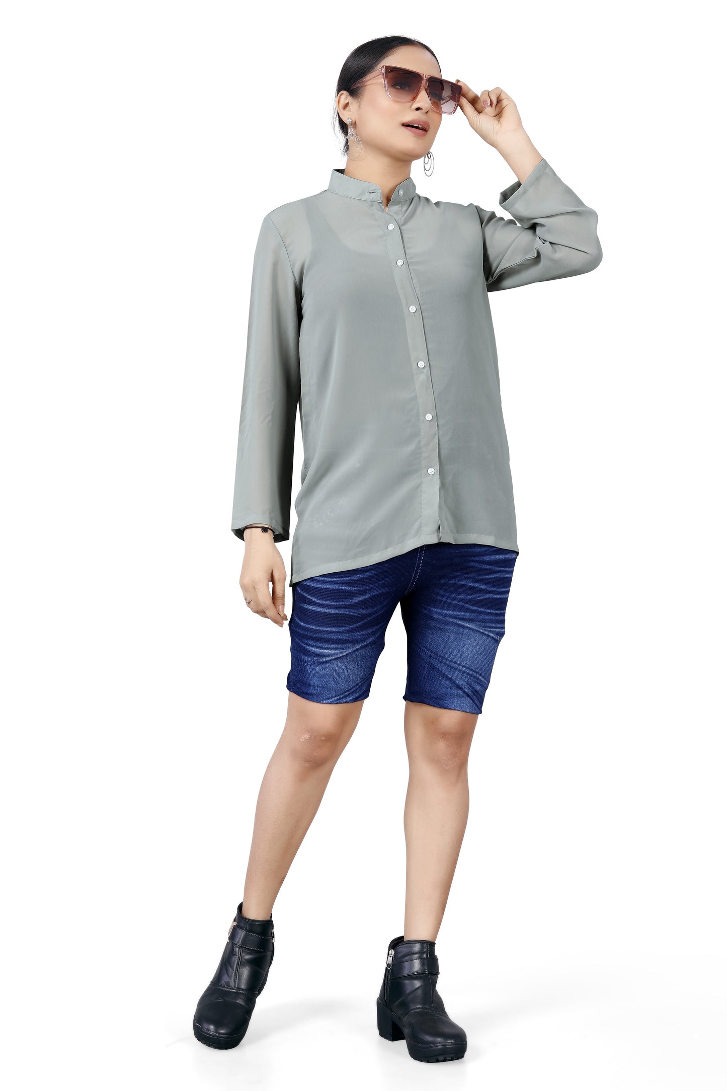 Mandarin Collar Button-Down Shirt.