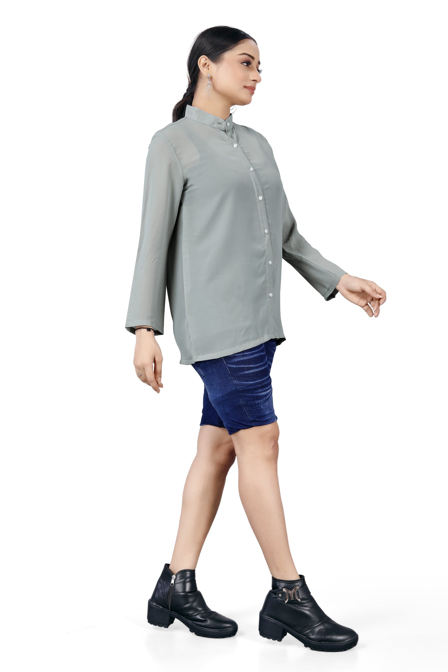 Mandarin Collar Button-Down Shirt.