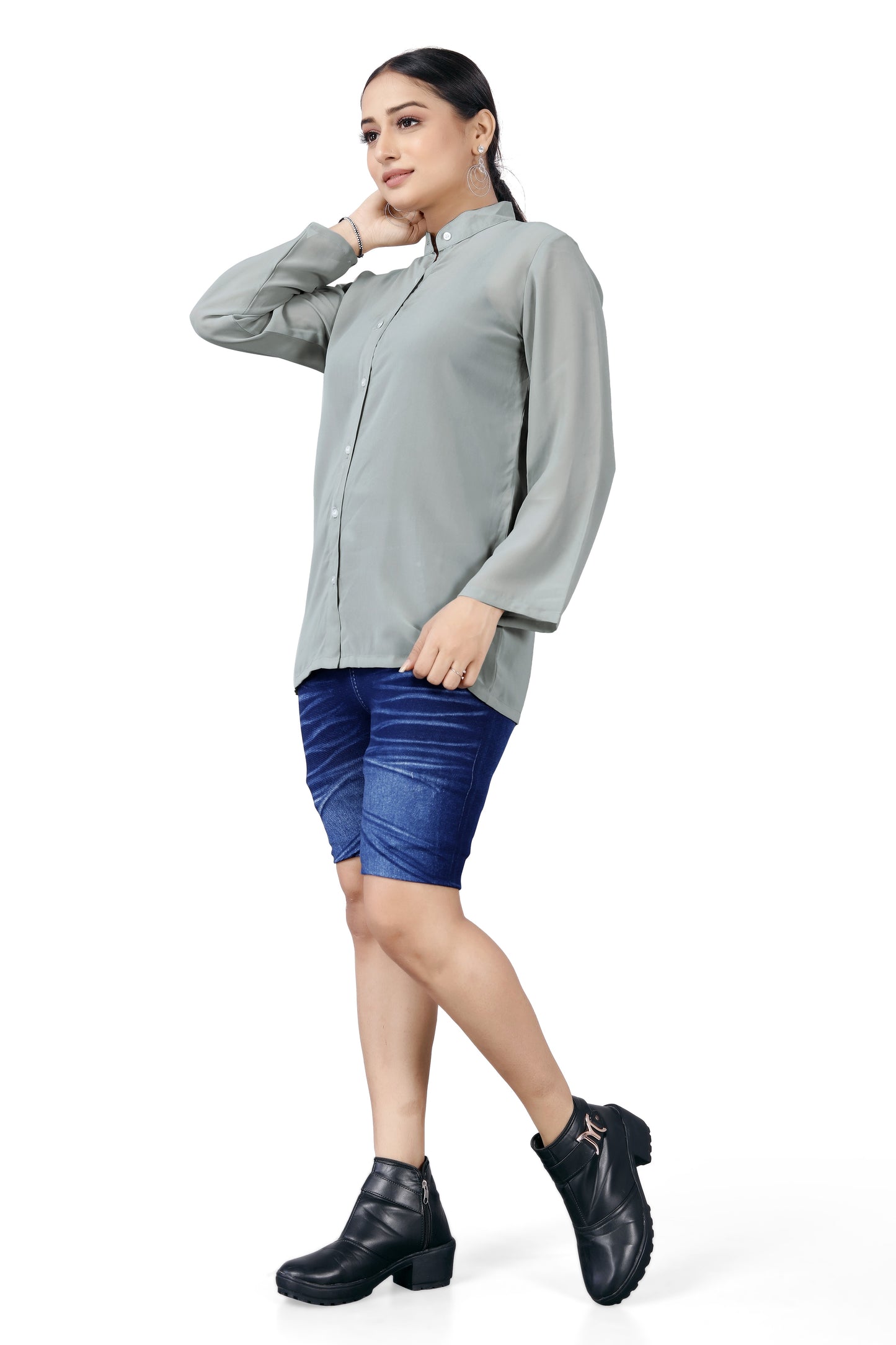 Mandarin Collar Button-Down Shirt.