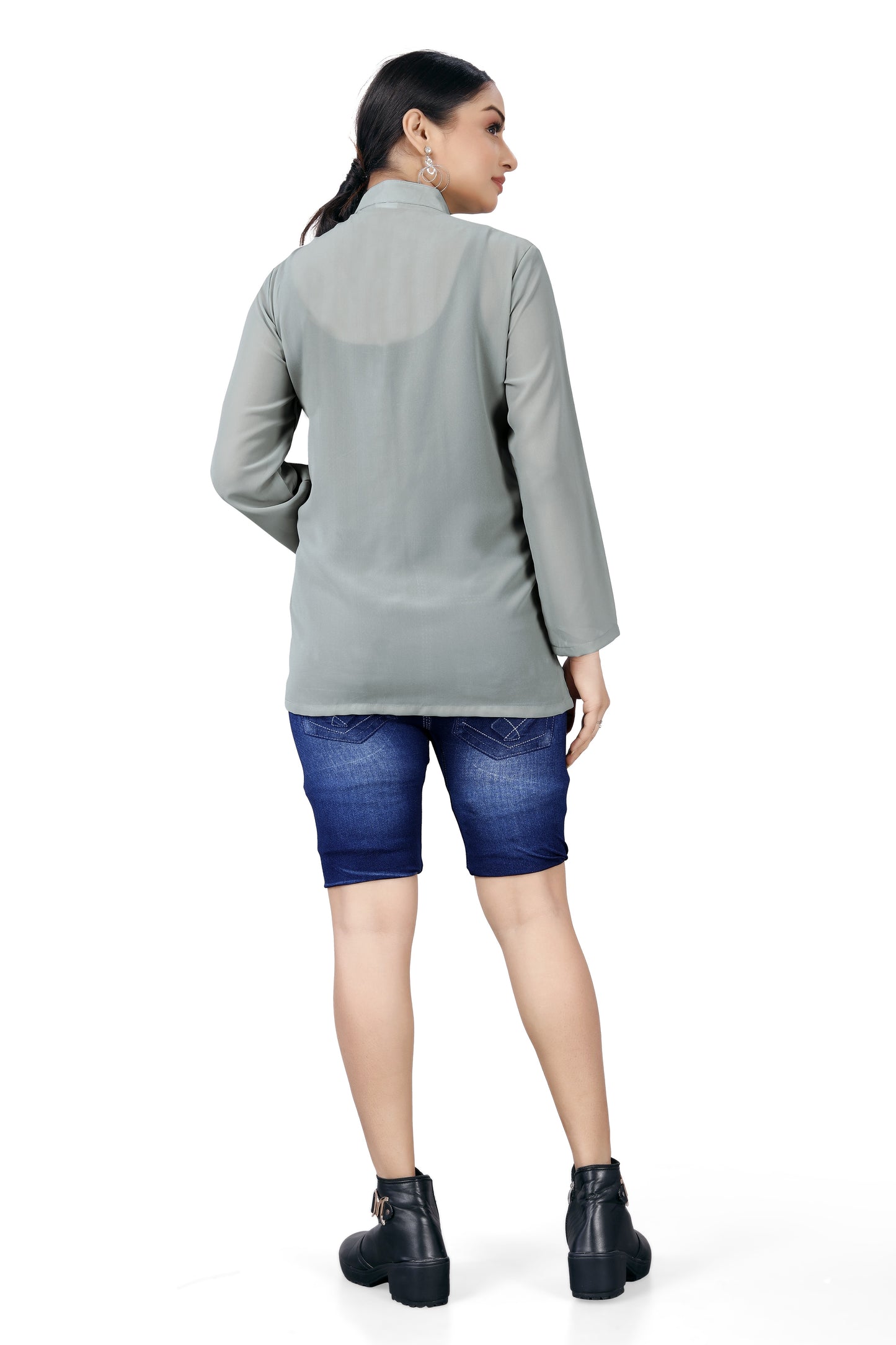 Mandarin Collar Button-Down Shirt.