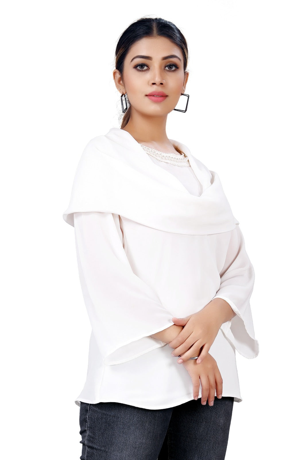 Elegant White Drape-Neck Beaded Polyester Top