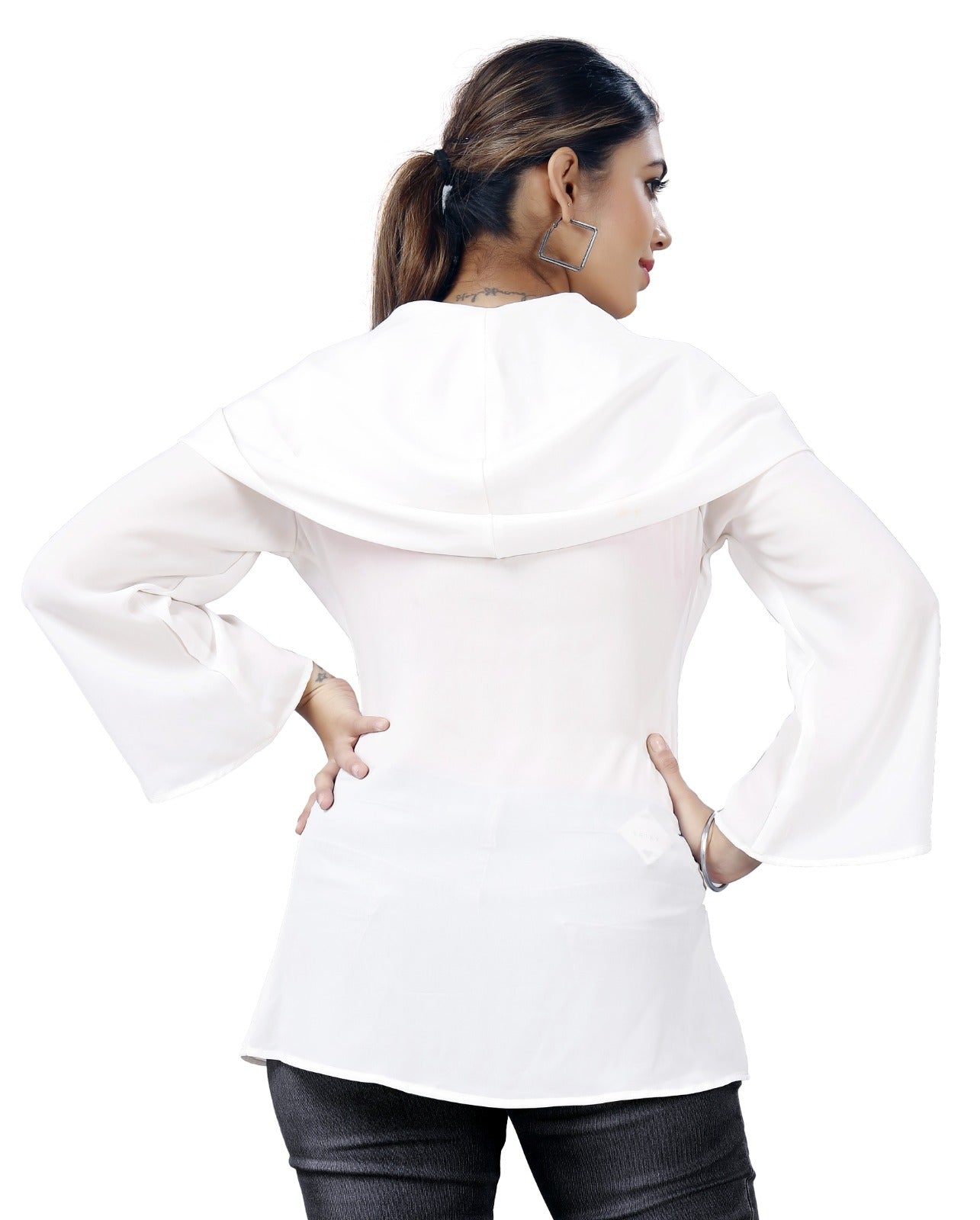 Elegant White Drape-Neck Beaded Polyester Top