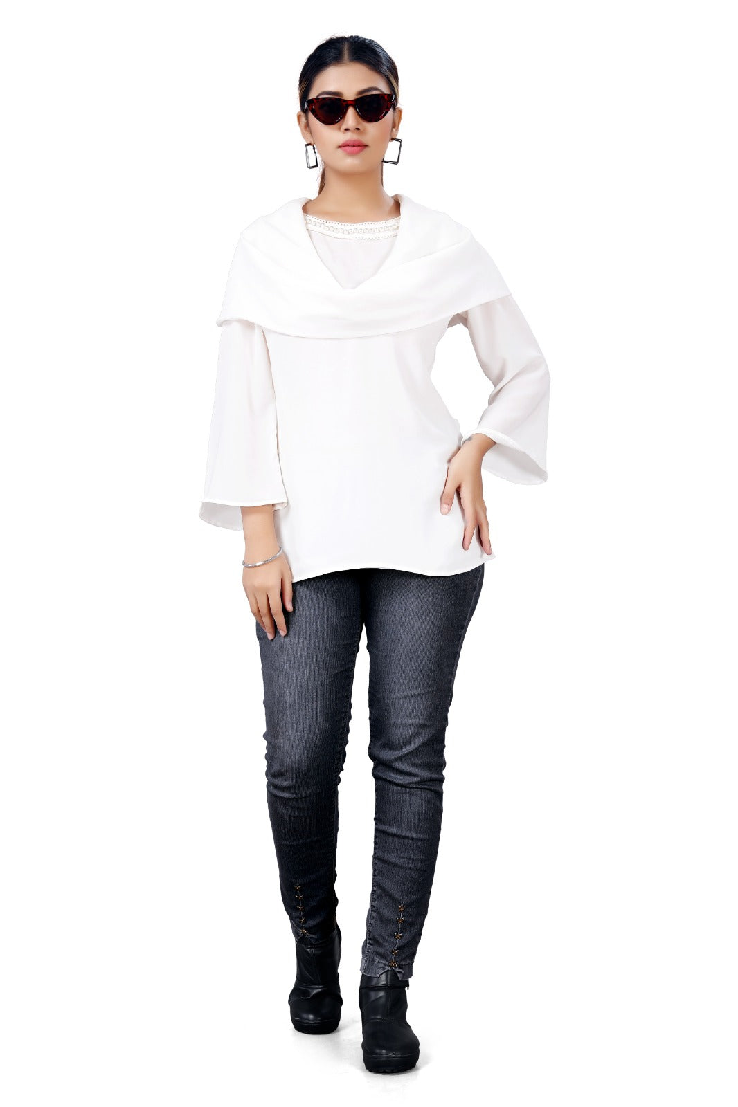 Elegant White Drape-Neck Beaded Polyester Top