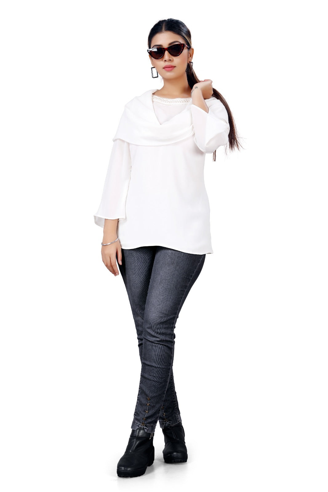 Elegant White Drape-Neck Beaded Polyester Top