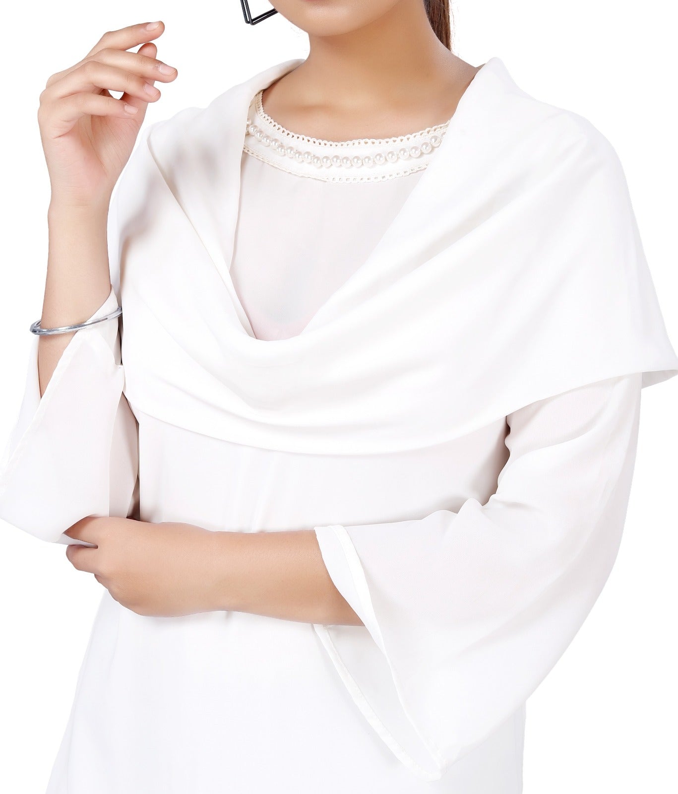 Elegant White Drape-Neck Beaded Polyester Top