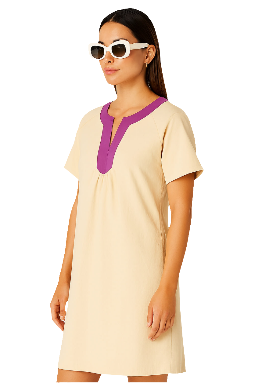 100% Cotton Tunic Dress with Contrast V-Neck & Inverted Pleats