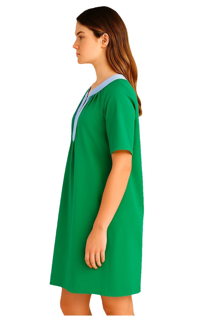 Emerald Green Cotton Poplin Tunic Dress with Sky Blue Contrast Placket & Side Pockets