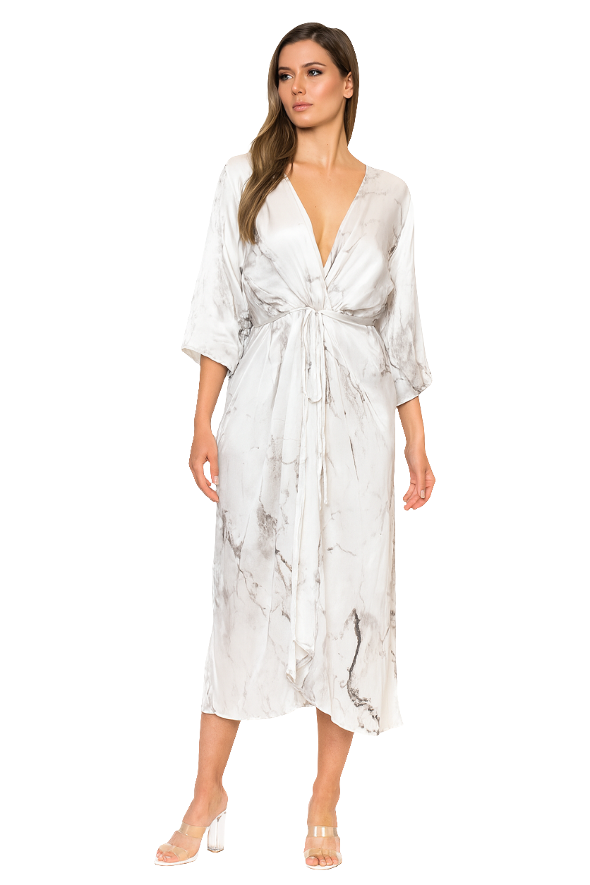 Marble-Print Polyester Swiss Satin Wrap Dress