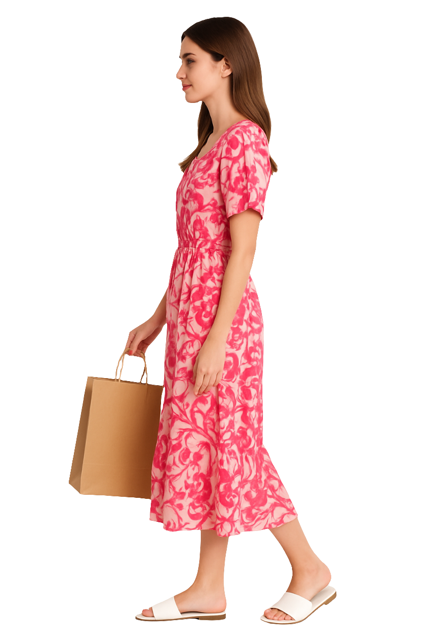 Pink Floral Print Midi Dress with Ruffle Hem