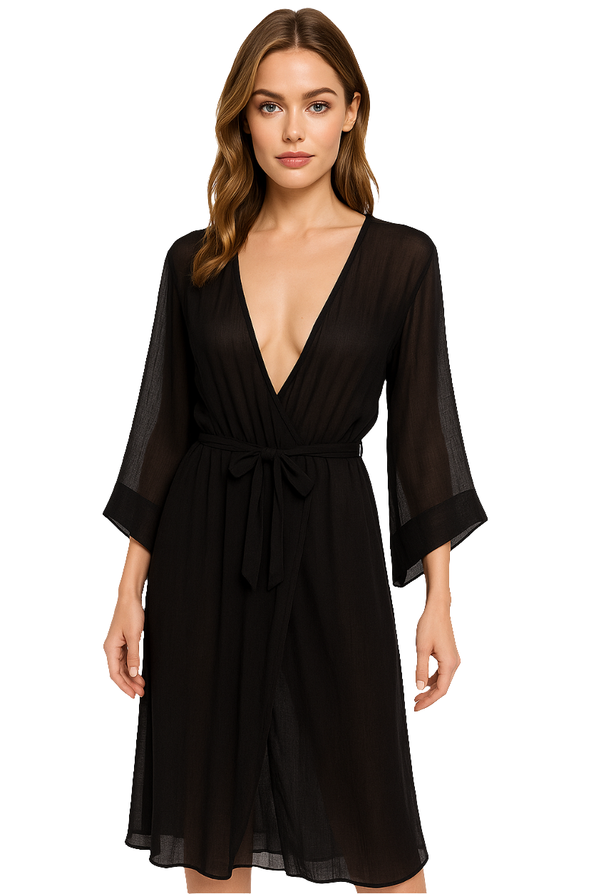 Elegant Black Semi-Sheer Wrap Dress – Resort Wear Edition