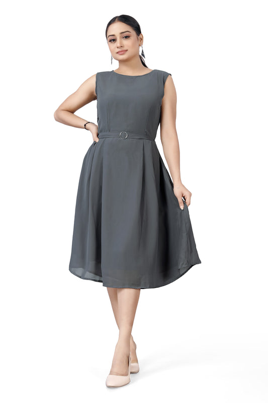 Slate Grey Flair Belted Dress