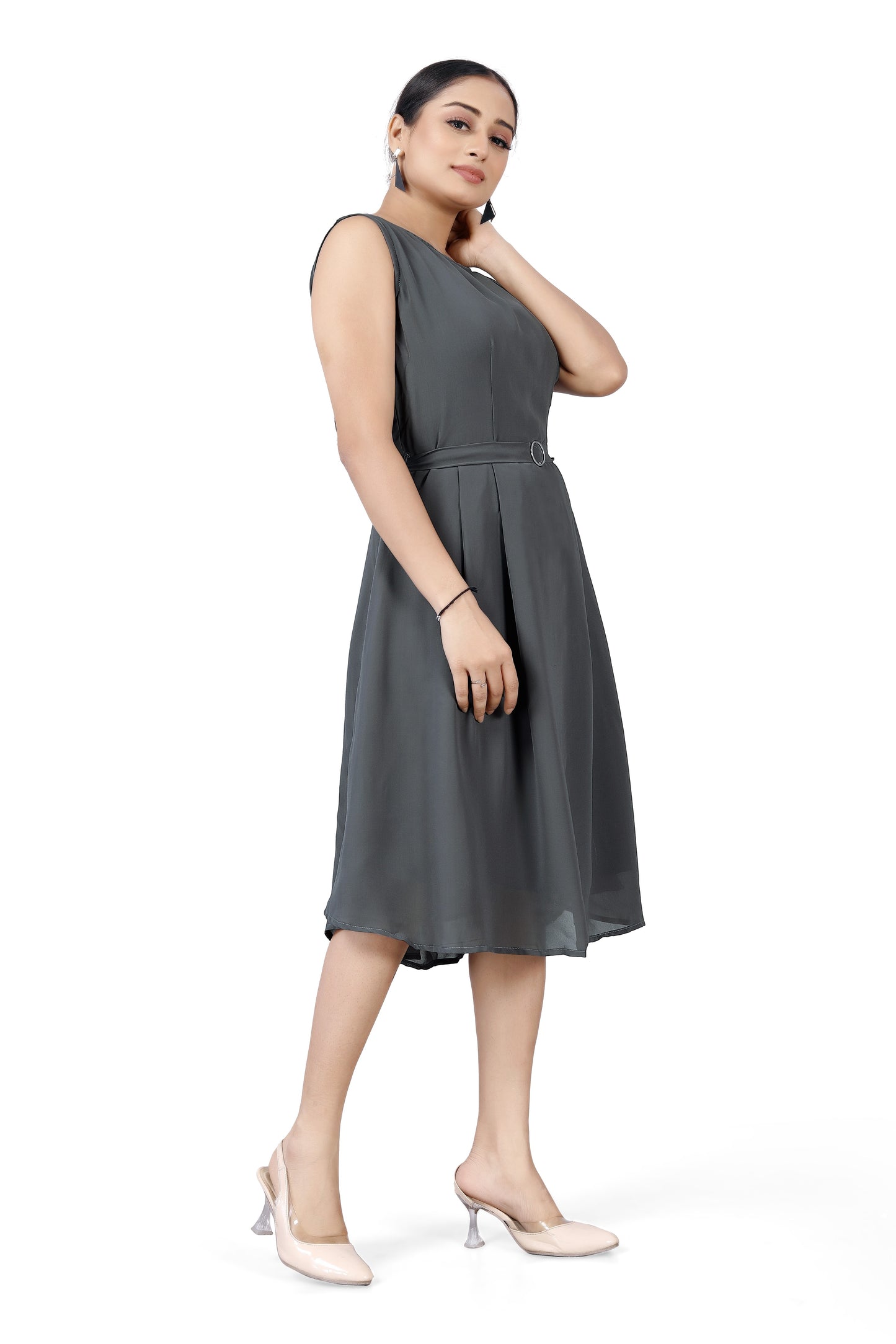 Slate Grey Flair Belted Dress