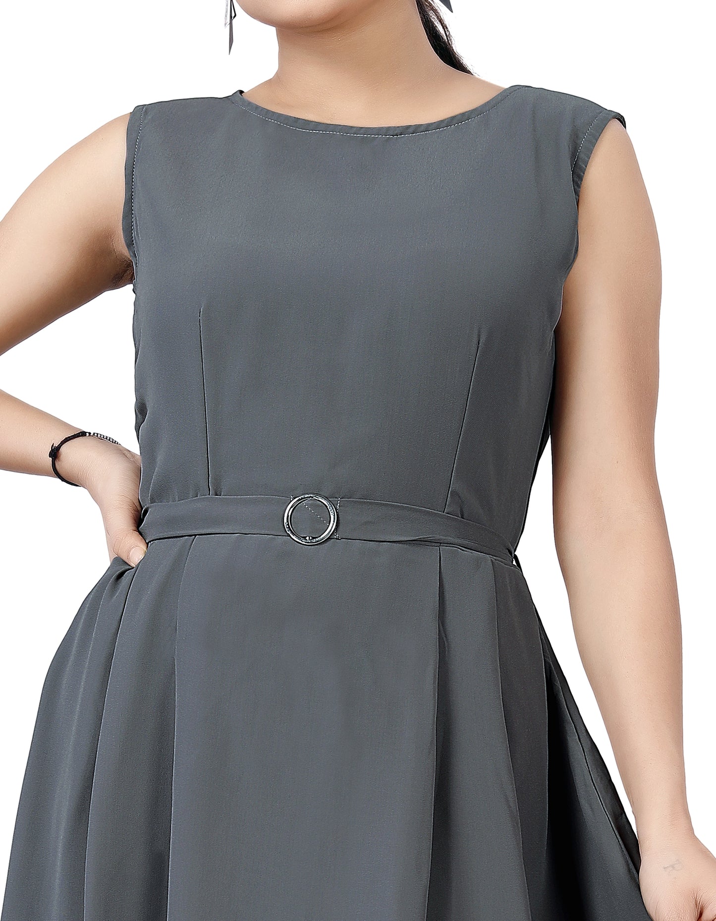 Slate Grey Flair Belted Dress