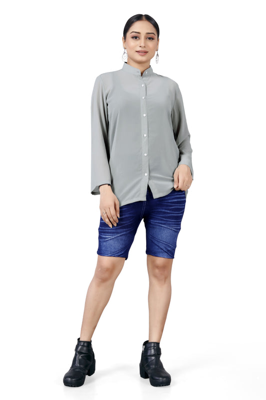 Mandarin Collar Button-Down Shirt.