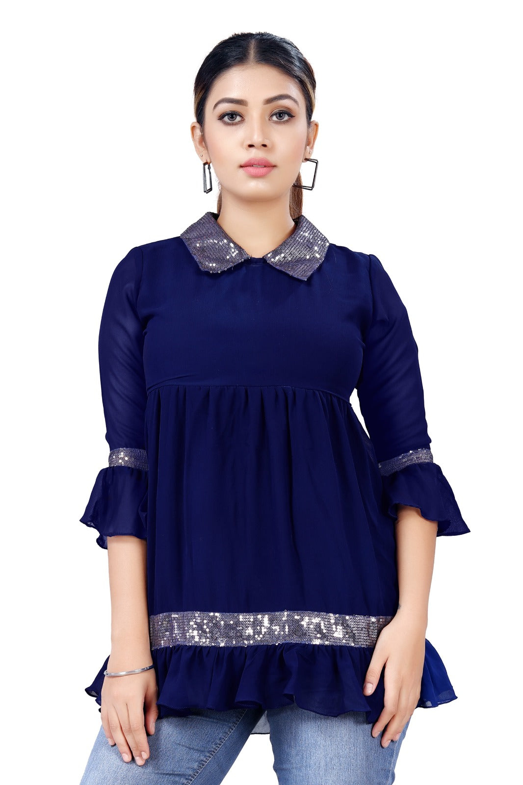 Navy Sequin-Trim Peplum Top with Peter Pan Collar