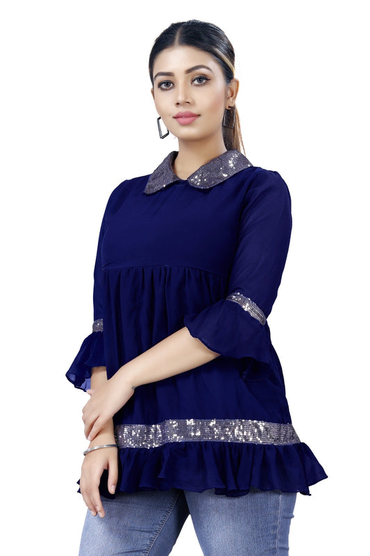 Navy Sequin-Trim Peplum Top with Peter Pan Collar