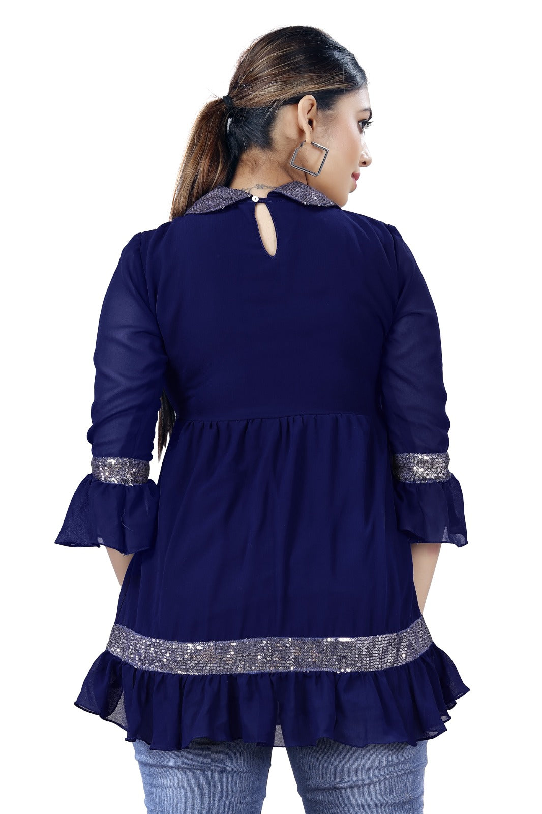 Navy Sequin-Trim Peplum Top with Peter Pan Collar