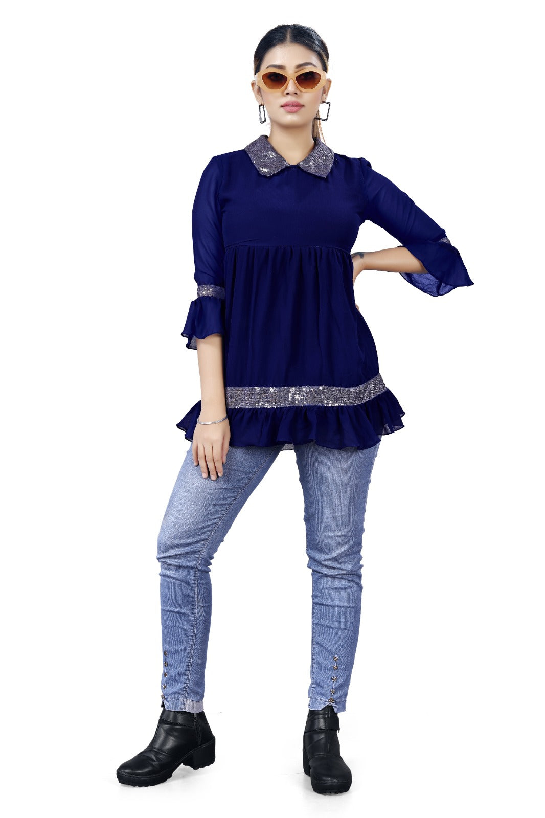 Navy Sequin-Trim Peplum Top with Peter Pan Collar