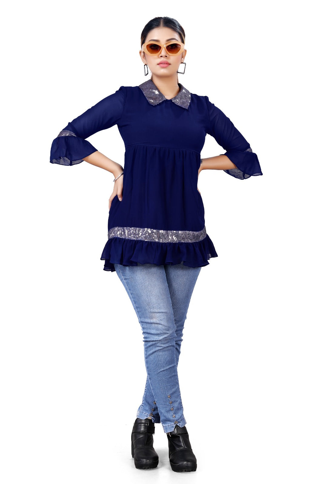 Navy Sequin-Trim Peplum Top with Peter Pan Collar