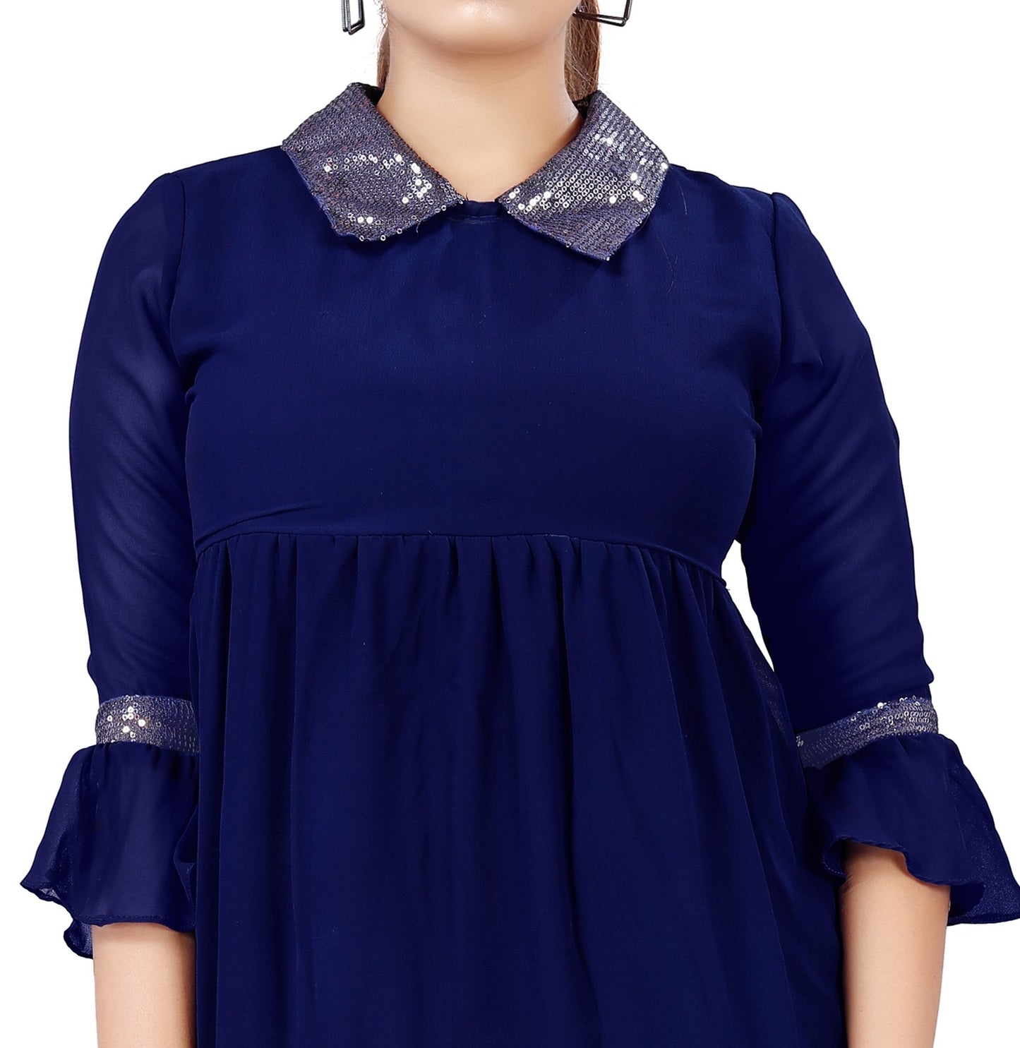 Navy Sequin-Trim Peplum Top with Peter Pan Collar