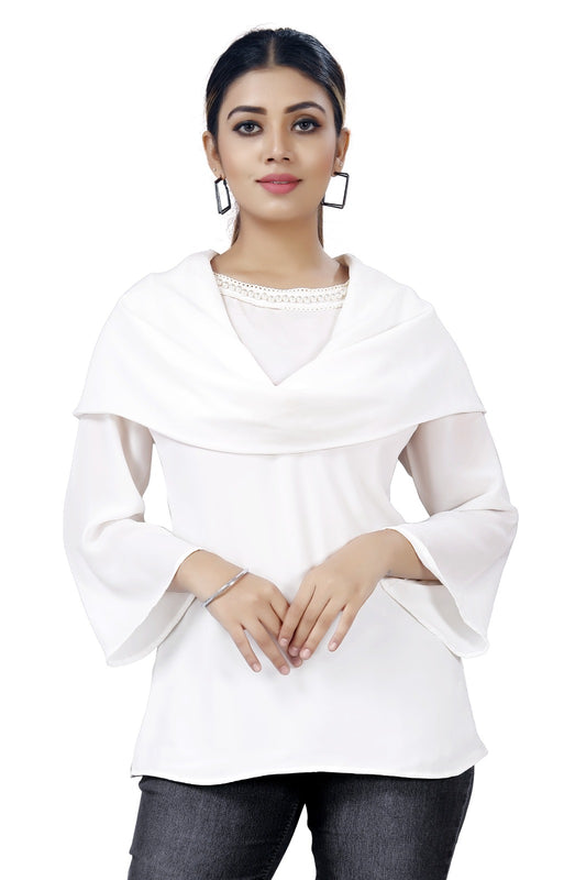 Elegant White Drape-Neck Beaded Polyester Top