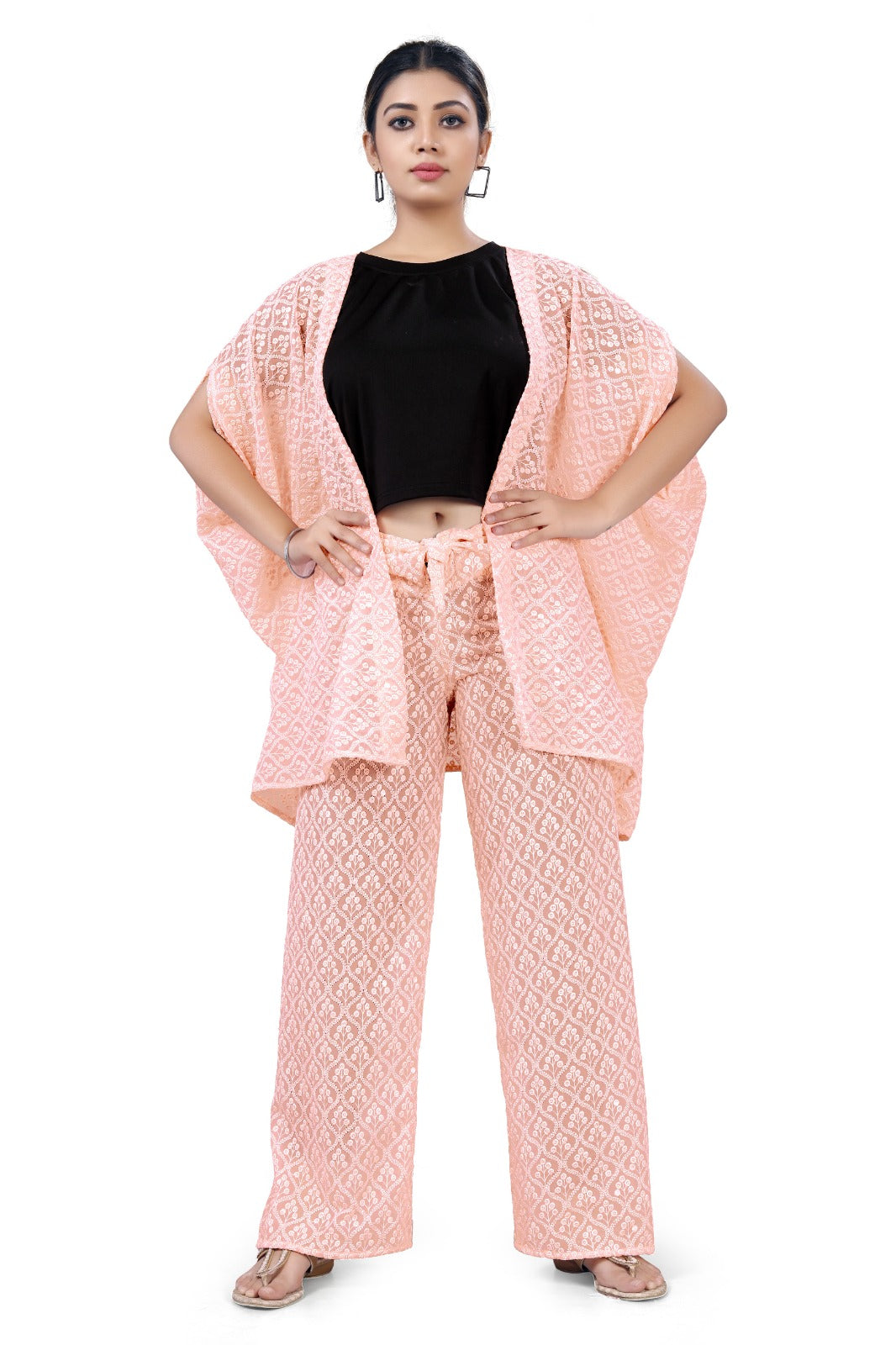 Peach Pink Embroidered Sheer Co-ord  Set