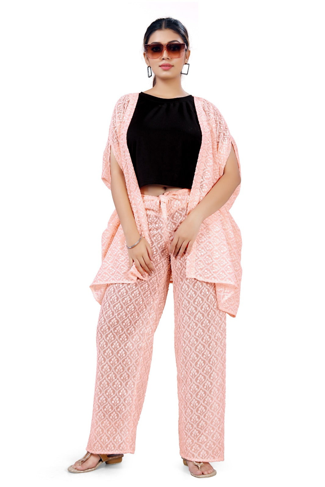 Peach Pink Embroidered Sheer Co-ord  Set