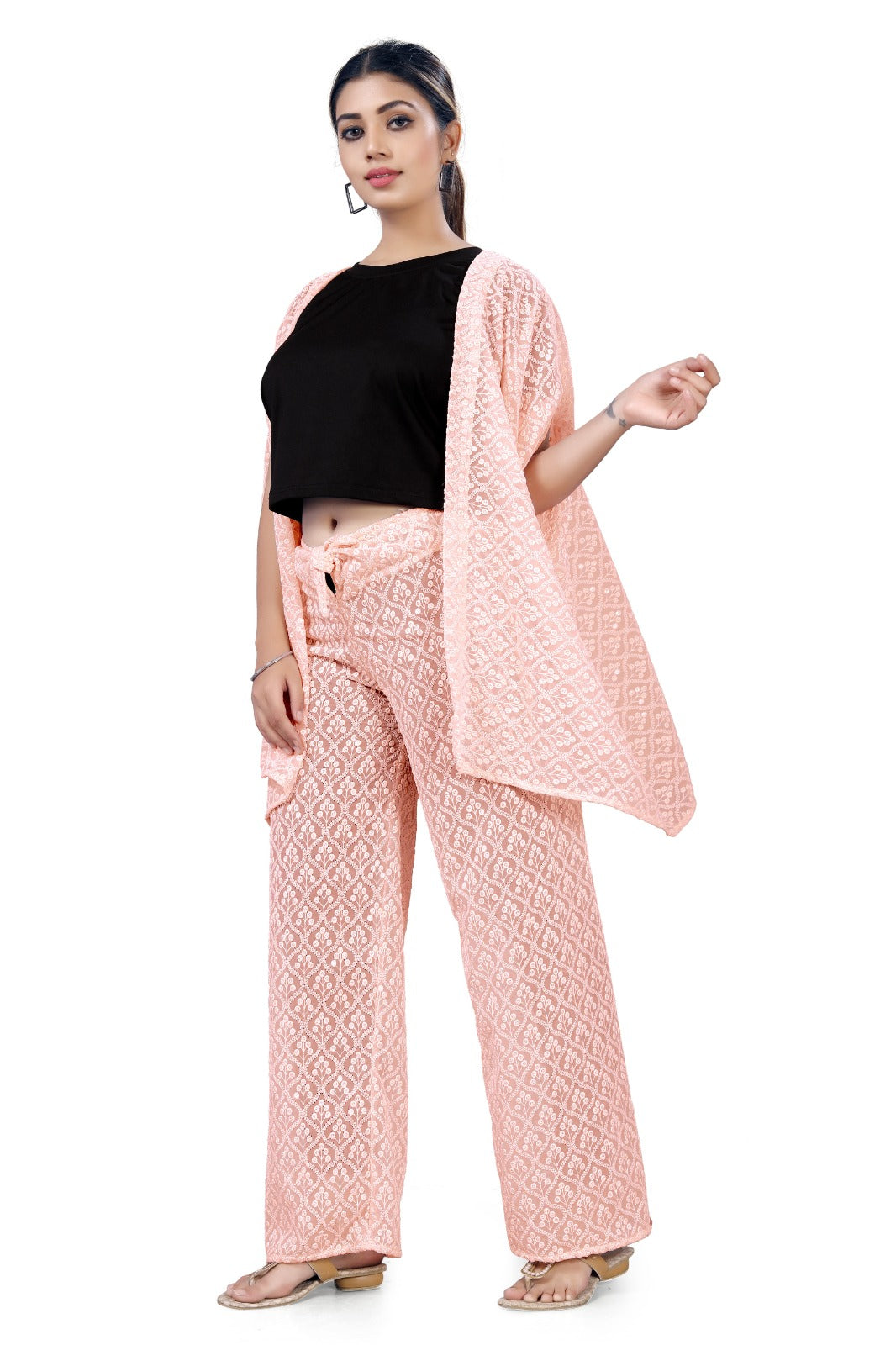 Peach Pink Embroidered Sheer Co-ord  Set