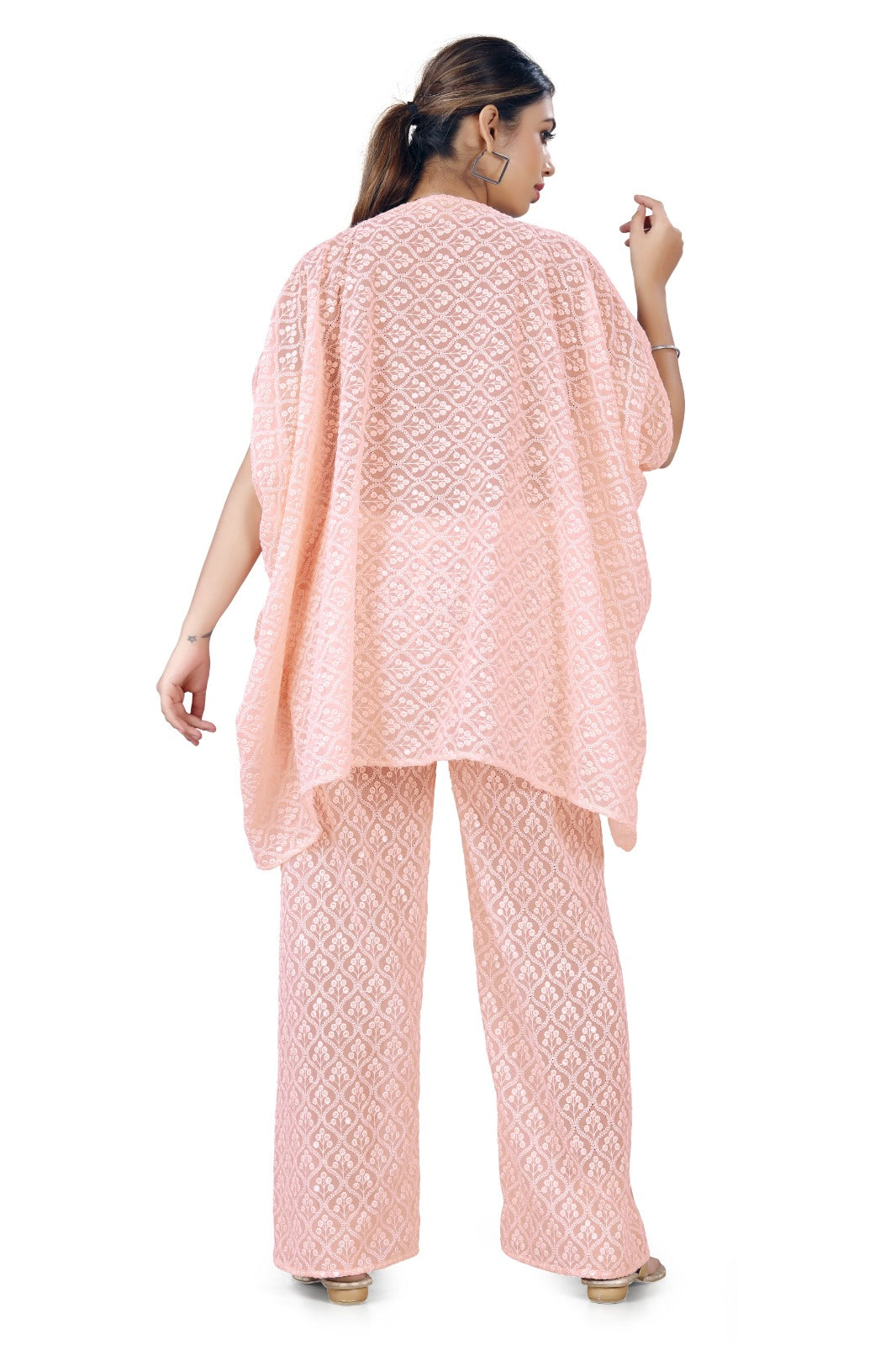 Peach Pink Embroidered Sheer Co-ord  Set