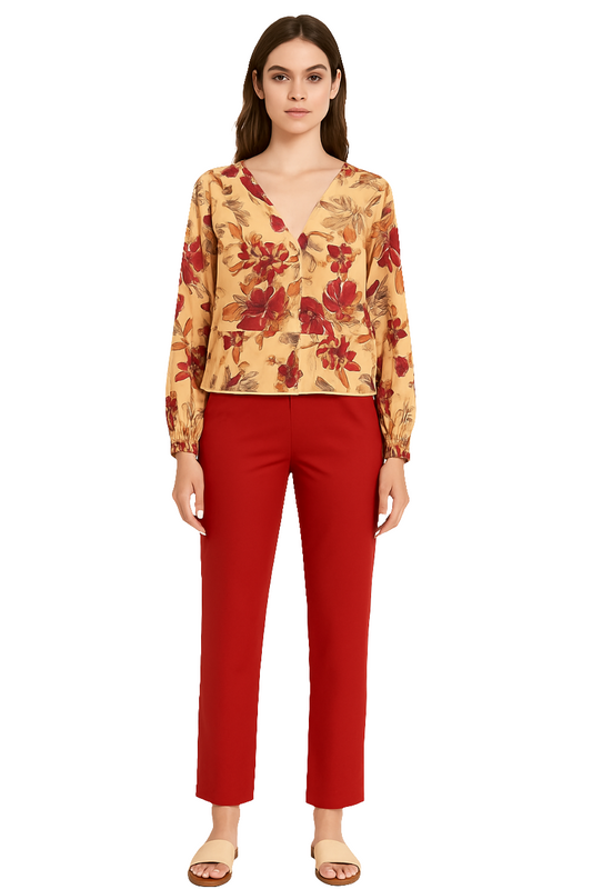 Floral Print V-Neck Blouse with Long Sleeves