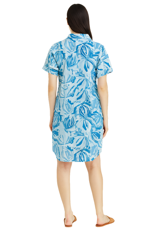 Elegant Blue Leaf Print Cotton Button-Down Shirt Dress 