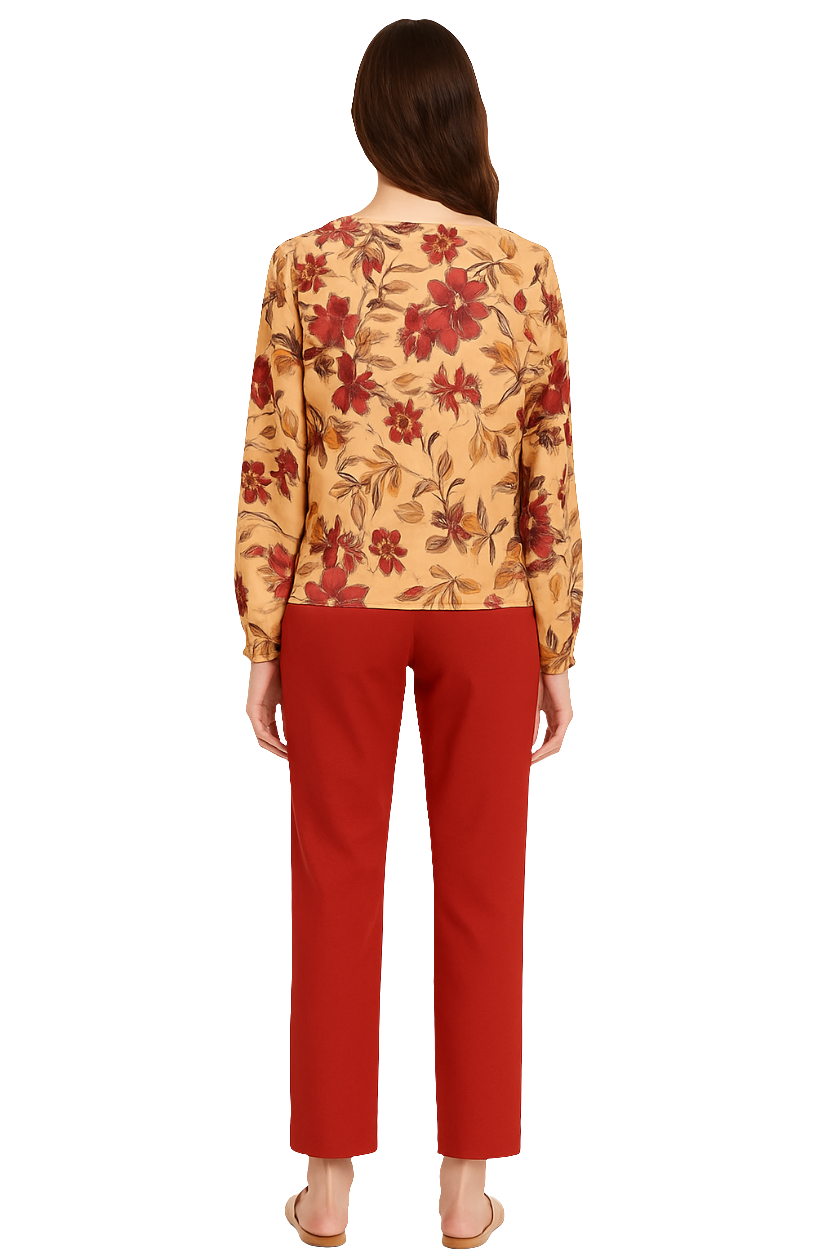 Floral Print V-Neck Blouse with Long Sleeves