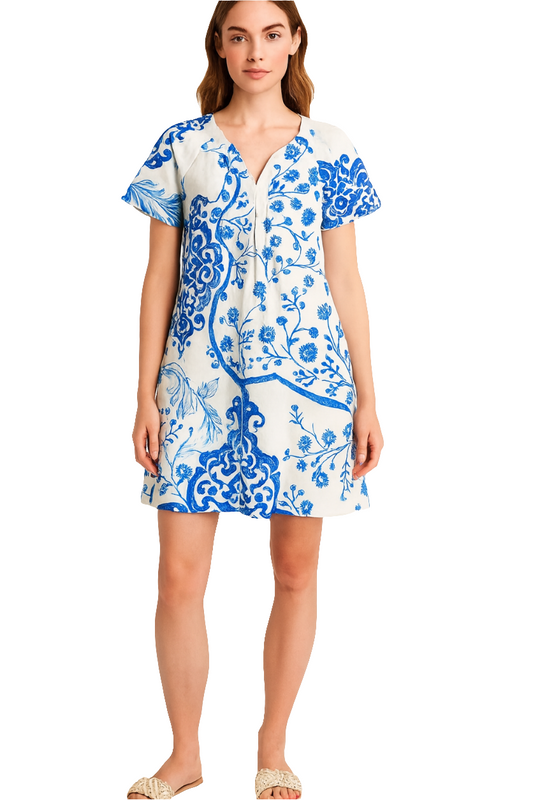 Blue Floral Print Cotton Short Top Dress