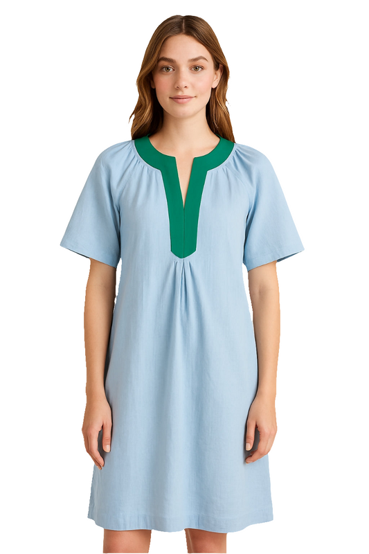 Sky Blue Cotton Poplin Tunic Dress with Emerald Green Placket
