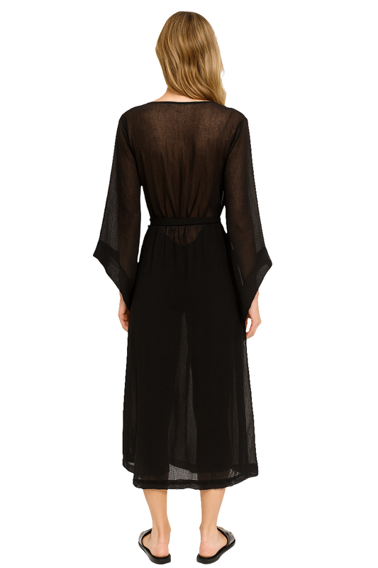 Elegant Black Semi-Sheer Wrap Dress – Resort Wear Edition