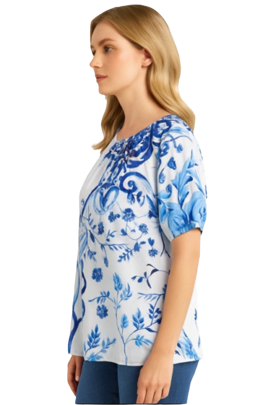 Blue & White Pure Cotton Printed Top – Elegant Floral Motif