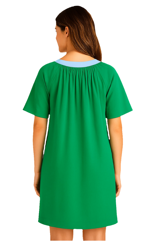 Emerald Green Cotton Poplin Tunic Dress with Sky Blue Contrast Placket & Side Pockets