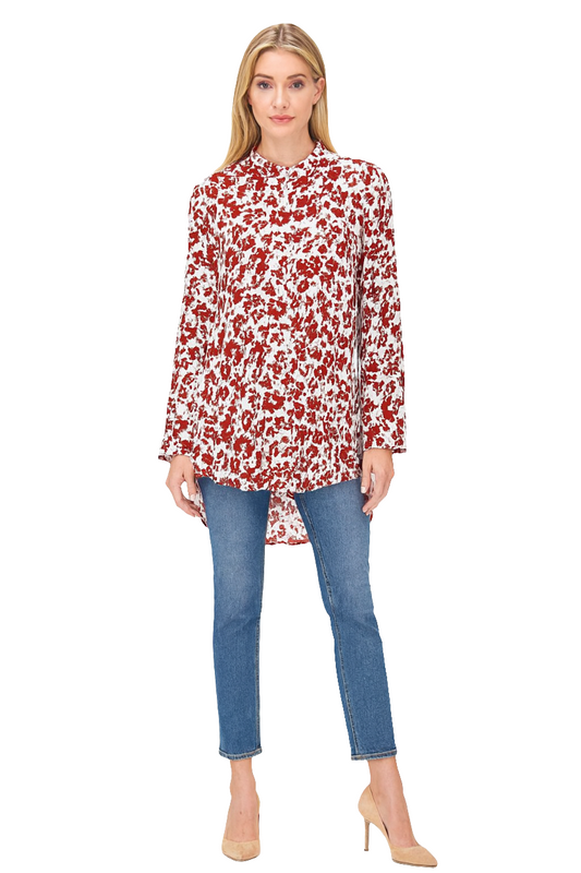 Women’s Red & White Floral Longline Shirt