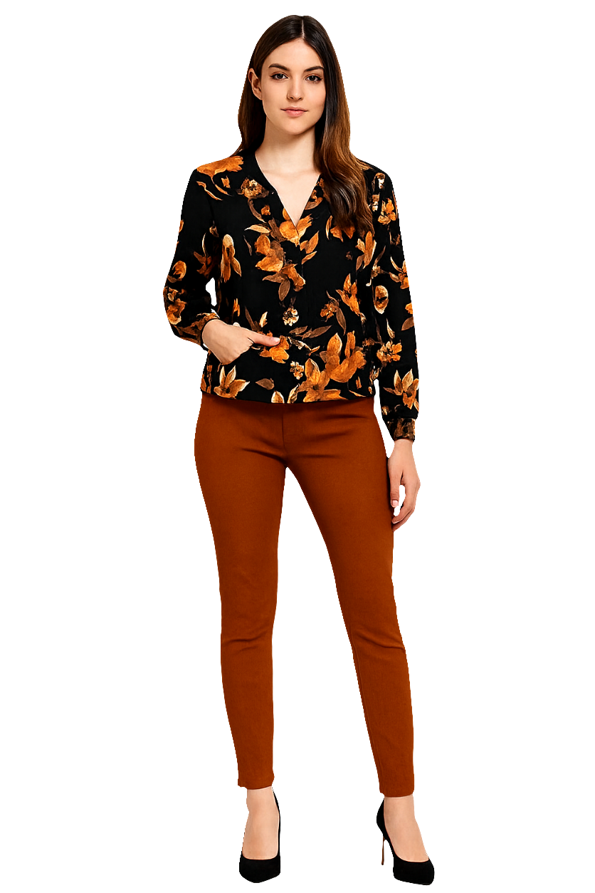 Women's Smocking Cuff Printed Shrug Shirt – Black with Autumn Floral