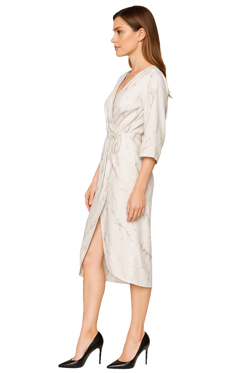 Marble-Print Polyester Swiss Satin Wrap Dress