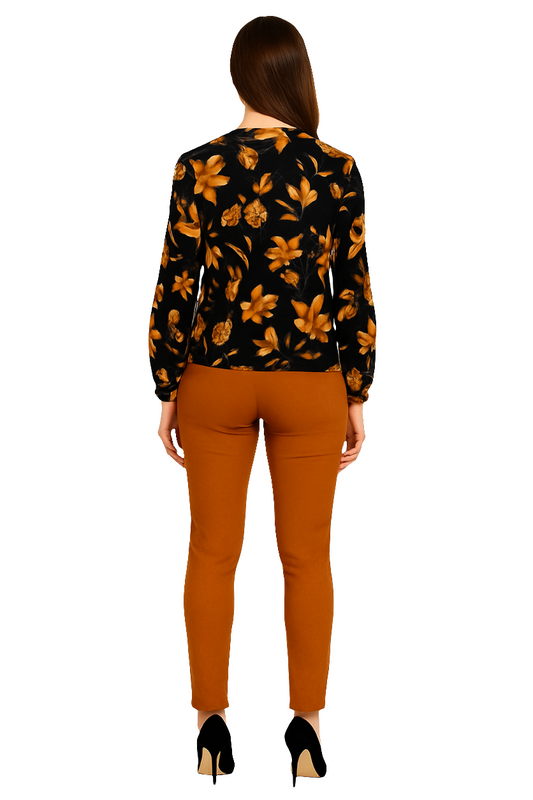 Women's Smocking Cuff Printed Shrug Shirt – Black with Autumn Floral