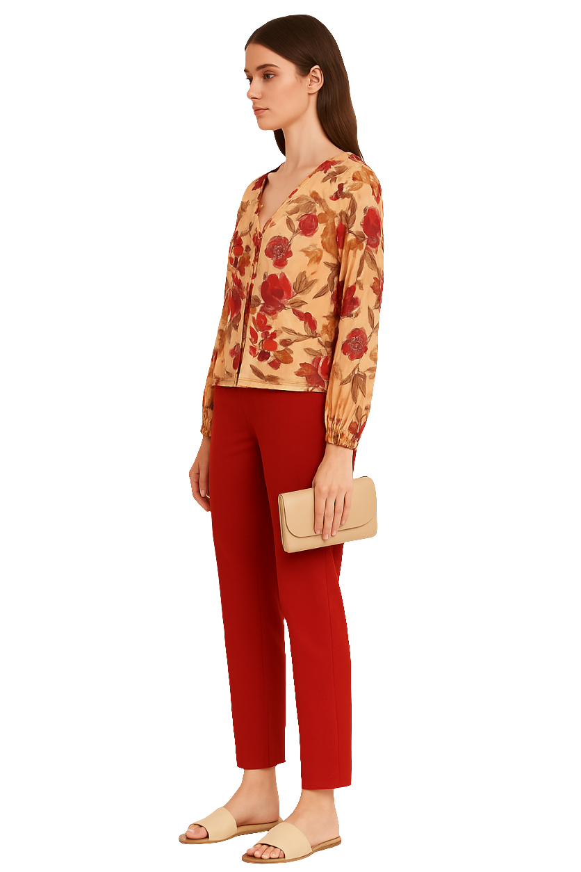 Floral Print V-Neck Blouse with Long Sleeves