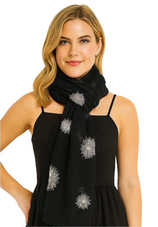 Polyester Georgette Embroidery Scarf – Black with Silver Star Sequin Motifs 