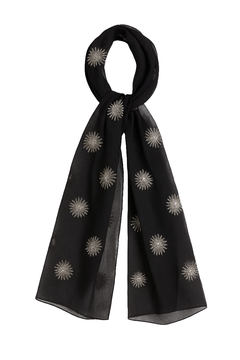 Polyester Georgette Embroidery Scarf – Black with Silver Star Sequin Motifs 