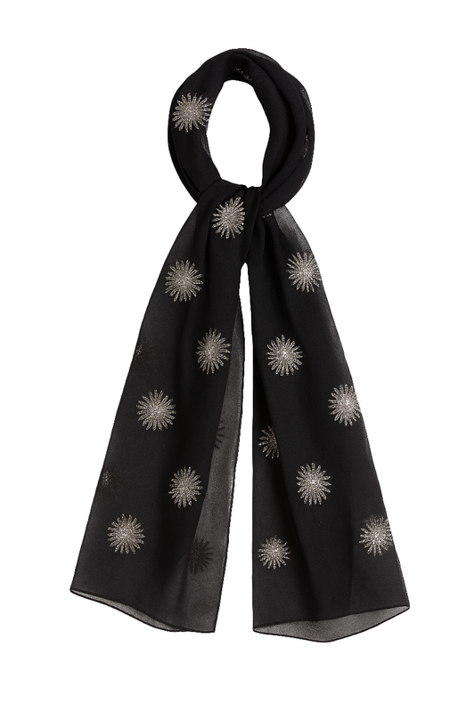 Polyester Georgette Embroidery Scarf – Black with Silver Star Sequin Motifs 