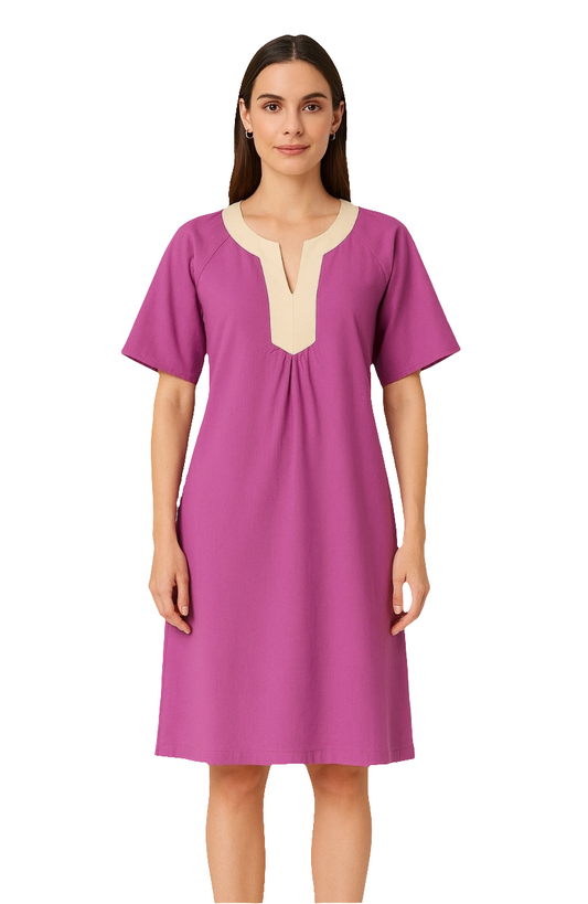 Magenta Cotton Poplin Tunic Dress with Beige Contrast Placket & Inverted Pleats