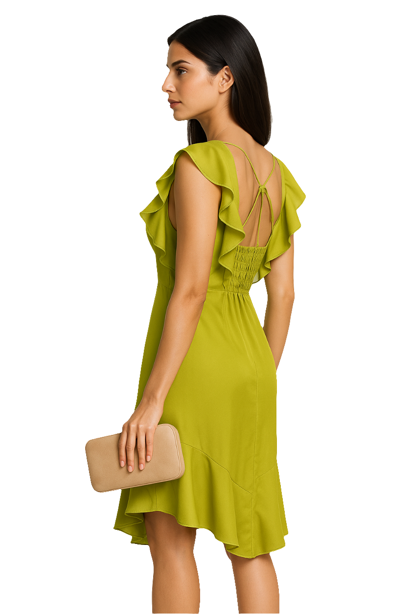 Lime Satin Ruffle Dress